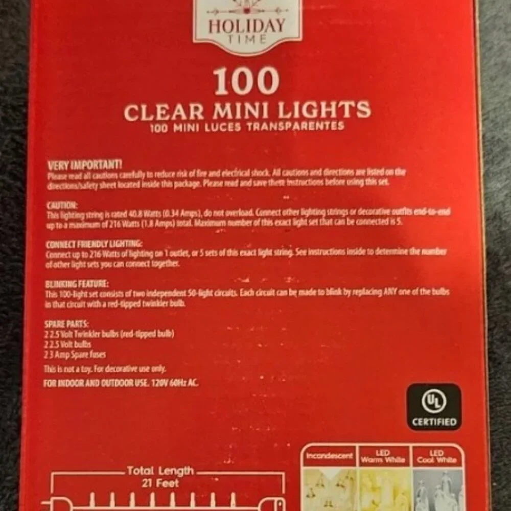 Holiday Time 100 Mini Clear Lights Never Used Lighted Length 19.5 Feet